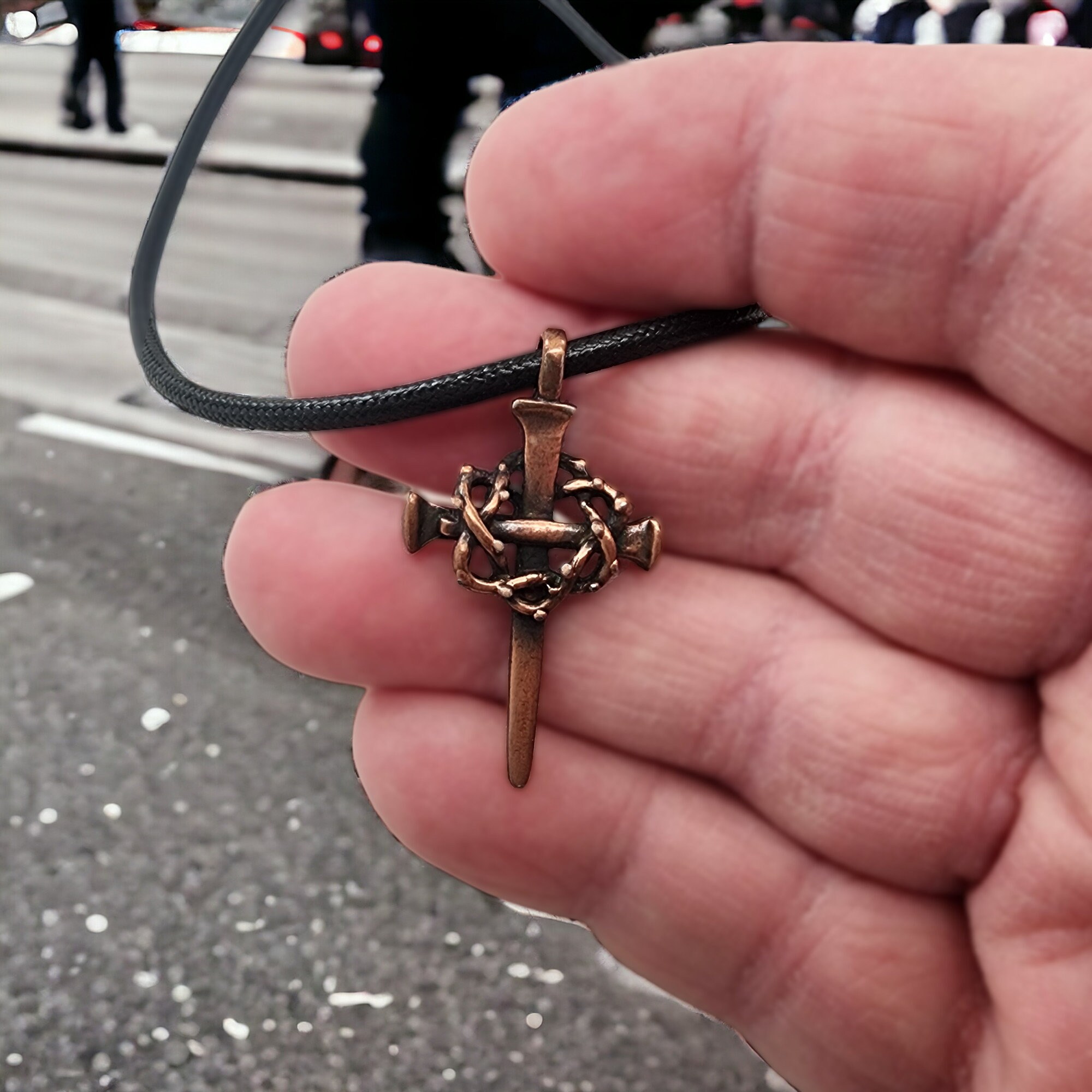 Nail Crown of Thorns Cross Pewter Antique Copper Metal Finish