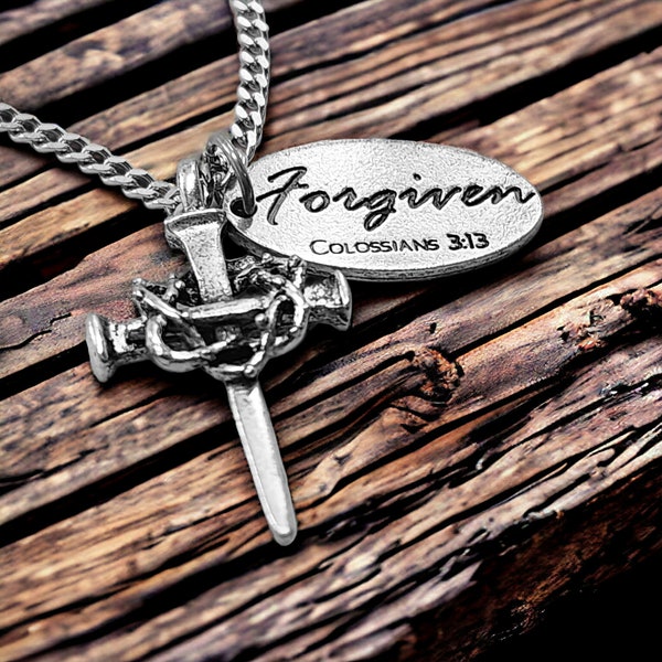 Salvation Crown of Thorns Nail With Forgiven Tag Necklace (aa4tfch) Silver finish