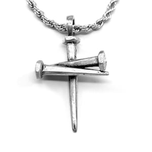 Nail Cross Necklace Silver Finish on Rope Chain (c80lropech)