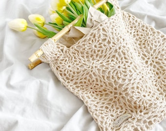 Crochet Handbag for women, Vegan hand crochet bag with Floral design, Cotton Bohemian Unique purse, Lined Bamboo handles bag