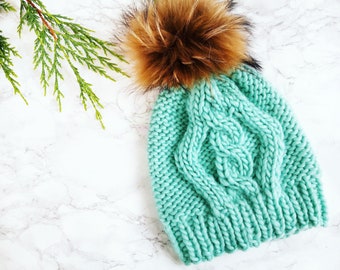 Knit Beanie Wool, Knitted Slouchy Hat, Bobble knitted hat with natural fur pompom