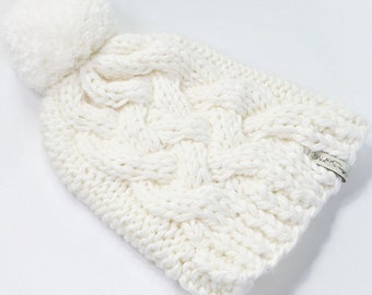 White Handknit Vegan Beanie, Unisex Bobble Hat, Baggy Winter Cap, Slouchy vegan wool knit, White winter hat