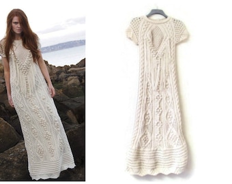 KNIT Aran Wedding Dress, Wedding dress, Maxi dress, Unique dress, Crochet boho dress, Lace maxi dress, Short sleeve dress, Bohemian dress