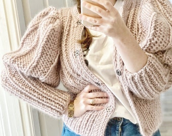 Knitting Pattern PDF. Knitted Cardigan Pattern. Chunky Knit Cardigan with Puffed Sleeves. Couer Cardigan by NinElDesign