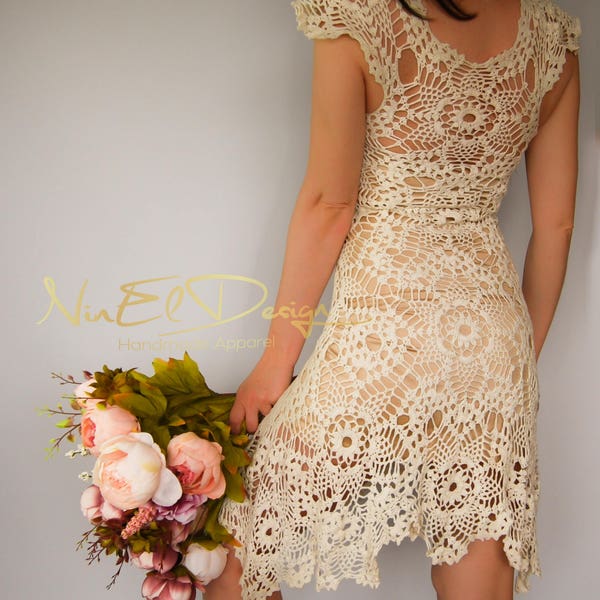 BEIGE Crochet Dress, Beach Crochet wedding dress, Unique lace dress, Bohemian Crochet dress, Sleeveless Knit dress