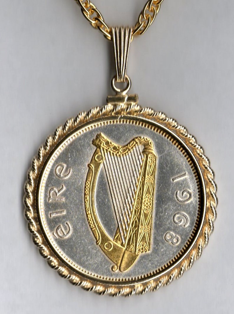 Irish half dollar size \u201cHarp\u201c,\u00a0Gorgeously 2-Toned Uniquely Hand done Gold and Silver coin Necklaces for women men boys teen girls