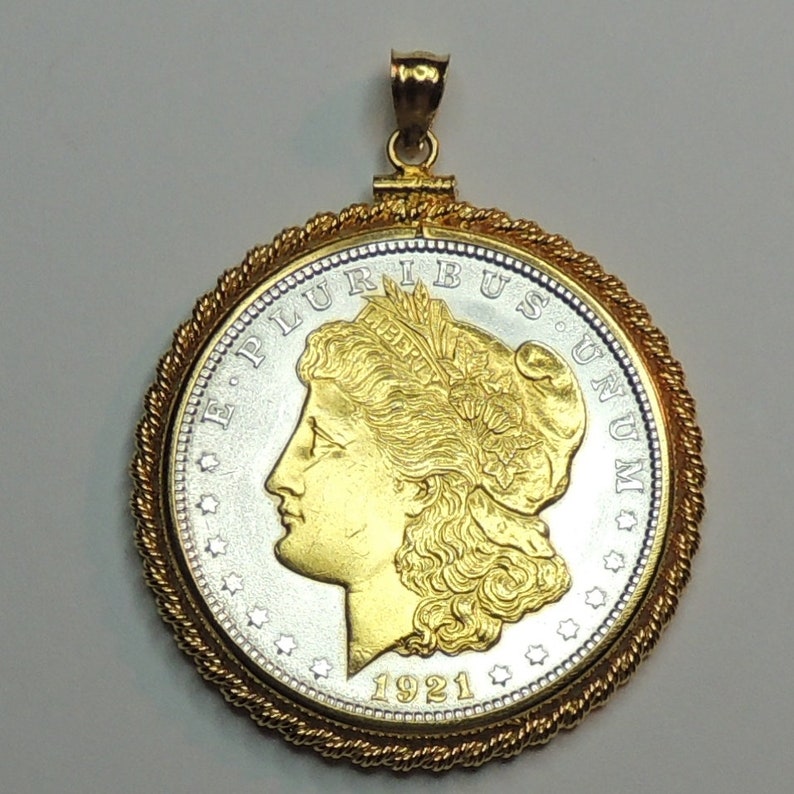 Uniquely Hand done with Gold Date Gold on Silver Charms Necklaces Old 1921 U.S Silver dollar Gorgeously 2-Toned coin Pendants