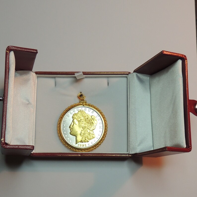 Uniquely Hand done with Gold Date Gold on Silver Charms Necklaces Old 1921 U.S Silver dollar Gorgeously 2-Toned coin Pendants