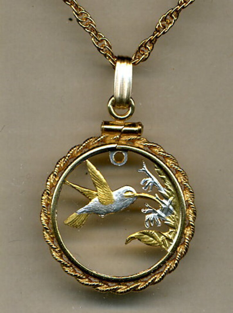 Trinidad and Tobago \u201cHummingbird\u201c Beautifully Hand Cut out /& 2-toned Uniquely Hand done Gold on Silver coin Necklaces women girl friend boys