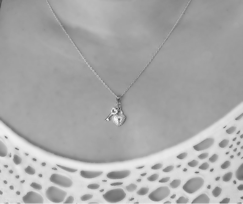 CZ Cubic Zirconia Heart Necklace Heart Key Silver Necklace Sterling Silve Heart Necklace