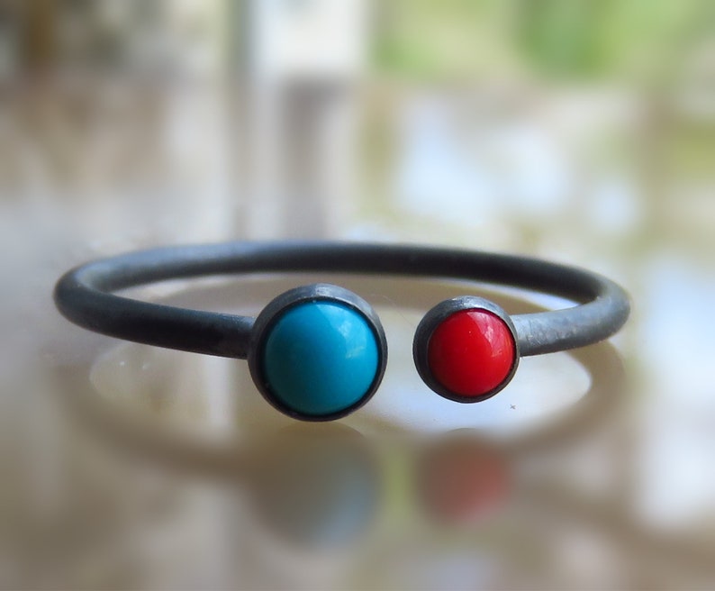 Black Multistone Ring Turquoise and Coral Open Ring Tow Stone Ring OXIDIZED Silver RING
