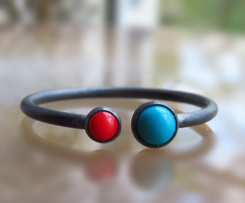 Black Multistone Ring Turquoise and Coral Open Ring Tow Stone Ring OXIDIZED Silver RING