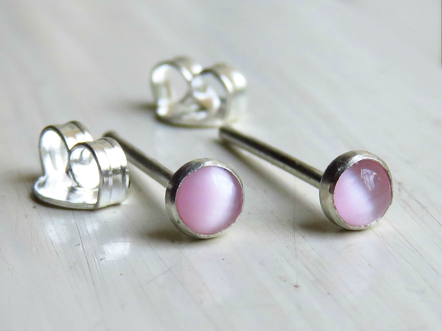 Pink Gemstone Stud Earrings Cats Eye Post Earrings Silver Etsy