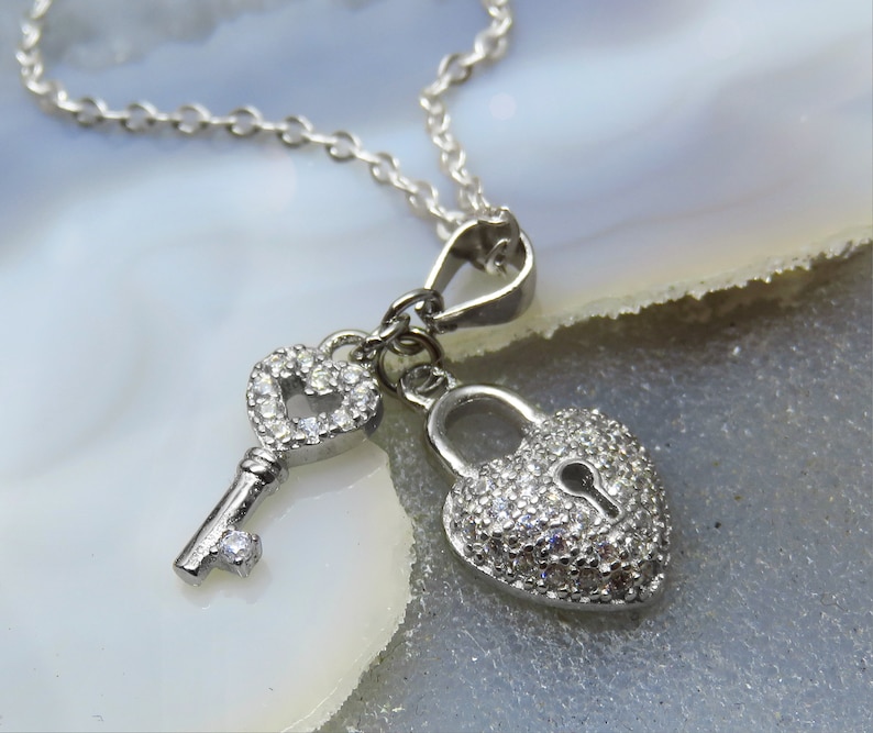 CZ Cubic Zirconia Heart Necklace Heart Key Silver Necklace Sterling Silve Heart Necklace