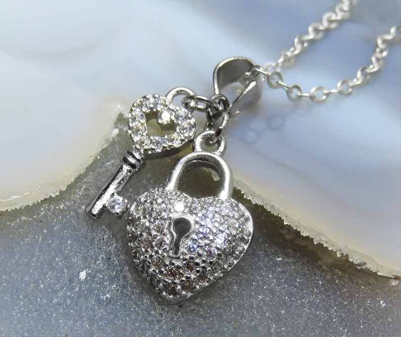 CZ Cubic Zirconia Heart Necklace Heart Key Silver Necklace Sterling Silve Heart Necklace