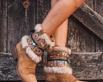 Leather Boot Covers with Blue Velvet and Dreamcatcher Charm | Western Boot Cuffs and Accessories | Bohemian Shoes