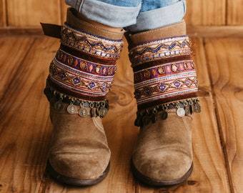 Boho boot covers with embroidered trimmings, Ethnic anklet boot cuffs, Embellished boots women, Accessory for boots unique gift for her.