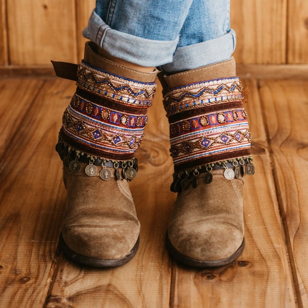 Boho boot covers with embroidered trimmings, Ethnic anklet boot cuffs, Embellished boots women, Accessory for boots unique gift for her.