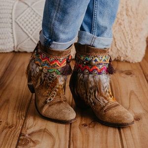 Decorative Ethnic Boot Covers with Feather Fringe, Handmade Tribal Leg Warmers, Boho Festival Boot Cuffs, Artisanal Boot Fashion Accessory