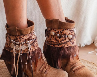 Handmade Cowgirl Boot Cuffs - Western Boot Accessories for Women | Boho Boot Covers with Sari Fabric, Feathers and Bull Skull Charm