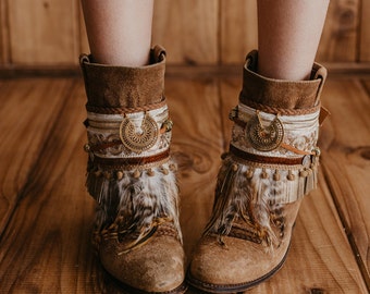 Bohemian boots, Boots with Buckles, Boot Covers, Bohemian Style Feathered Leg Warmers - Perfect Gift, Boot Cuffs