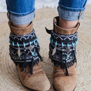 Black and White Kilim Boot Covers with Turquoise Beads | Handmade Ethnic Boot Straps | Boho Shoes for Women | Festival Footwear Accessories