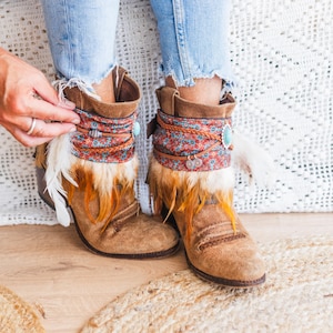 Boho Boot Covers with Turquoise Charm and Feather Fringe | Handmade Western Boot Cuffs | Festival Cowgirl Boot Accessories