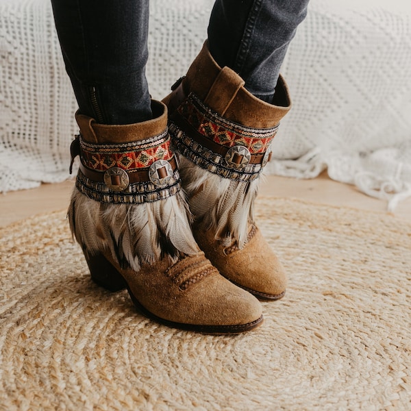 Couvre-bottes en cuir western, breloques bohèmes, accessoires de bottes élégants, cache-bottes tendance, mode cow-girl, jambières festival