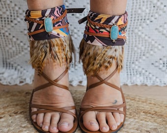 Boho Sandalen Bedels voor Dames | Festival Enkelwikkels met Veren | Handgemaakte Geweven Boho Sandalen Accessoires