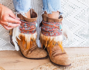 Boho Boot Covers with Turquoise Charm and Feather Fringe | Handmade Western Boot Cuffs | Festival Cowgirl Boot Accessories