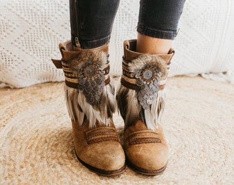 Artistic FeatherBoot Cuffs, Traditional Ankle Covers, Artisanal Charm Rustic Leg Wraps, Native Inspired Leg Warmers, Artisanal Boot Covers