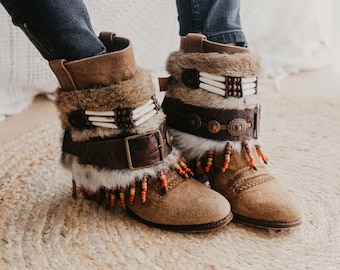 Boho Boot Covers with Brown Fur and Bone Choker Detail | Luxe Western Cowgirl Boot Cuffs with Antique Belt