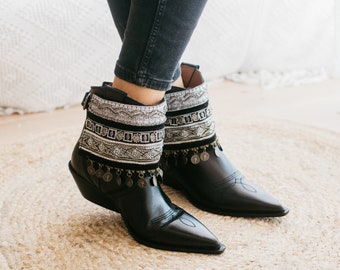 Black Boho Boot Covers with Embroidered Old Coins, Footwear Accents, Trendy Leg Wraps, Bohemian Ankle Boot Covers, Festival Boot Cuffs