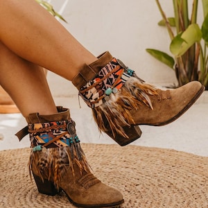 Boho Boot Covers with Ethnic Scarf and Feather Fringe | Handmade Western Boot Cuffs | Festival Cowgirl Accessories image 1