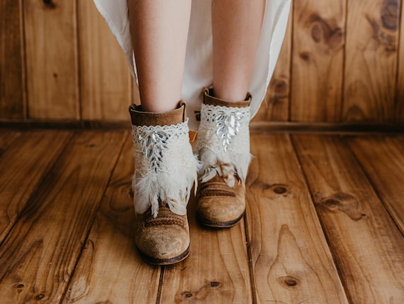Boho Bridal Boot Covers with Ivory Feather Fringe and Lace | Handmade Boho Boots Accessory for Wedding Style