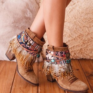 Boho Boot Covers with Ethnic Scarf and Feather Fringe | Handmade Western Boot Cuffs | Festival Cowgirl Accessories image 7