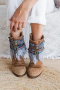Boho Blue Feather Boot Covers for Women | Festival Boot Cuffs with Paisley Scarf Detail | Handmade Western Boot Accessories product logo