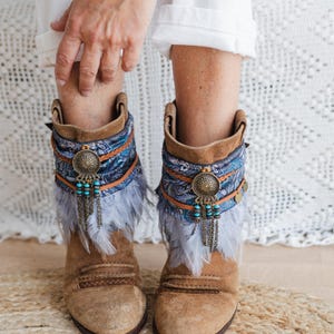 Boho Blue Feather Boot Covers for Women | Festival Boot Cuffs with Paisley Scarf Detail | Handmade Western Boot Accessories