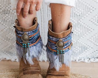 Boho Blue Feather Boot Covers for Women | Festival Boot Cuffs with Paisley Scarf Detail | Handmade Western Boot Accessories