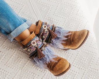 Feather boot covers with beads, adjustable women's boho boot accessory, hippie boot cuffs with velvet, women's boho boots