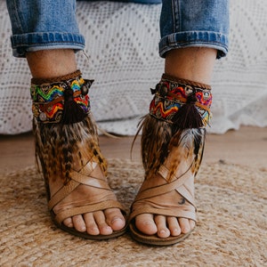 Feather Ankle Wrap Bohemian Sandals, Handcrafted Ethnic Footwear, Unique Artisanal Summer Shoes, Trendy Beach Fashion Sandals, Ankle Belts