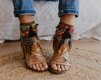 Feather Ankle Wrap Bohemian Sandals, Handcrafted Ethnic Footwear, Unique Artisanal Summer Shoes, Trendy Beach Fashion Sandals, Ankle Belts