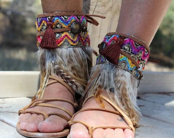 Feather Sandals, Ankle Cuffs, Bohemian Sandals, Fashionable Boho Feathered Footwear Accessories, Boho Sandal Ankle Belts