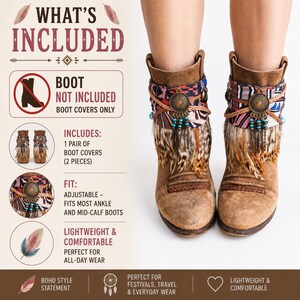 Boho Boot Covers with Ethnic Scarf and Feather Fringe | Handmade Western Boot Cuffs | Festival Cowgirl Accessories image 11