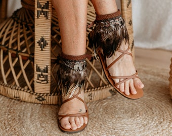 Boho Ankle Cuffs with Feather Fringe and Coins | Handmade Boho Anklet Wraps for Sandals | Festival Foot Jewelry for Women