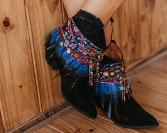 Couvre-bottines ethniques, embellissements de bottes artisanaux, poignets cache-bottes, surbottes bohèmes pour femmes, accessoires de chaussures culturelles,