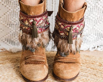 Boho Beige Suede Boot Covers with Khaki Feathers | Western Cowgirl Boot Cuffs | Festival Boot Accessories for Women