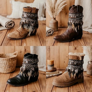May include: Four ankle boots in tan suede, dark brown leather, black leather, and tan suede with faux fur lining. Each boot features a decorative cuff adorned with metallic coin-like charms, layered chains, and dangling feathers around the ankle.
