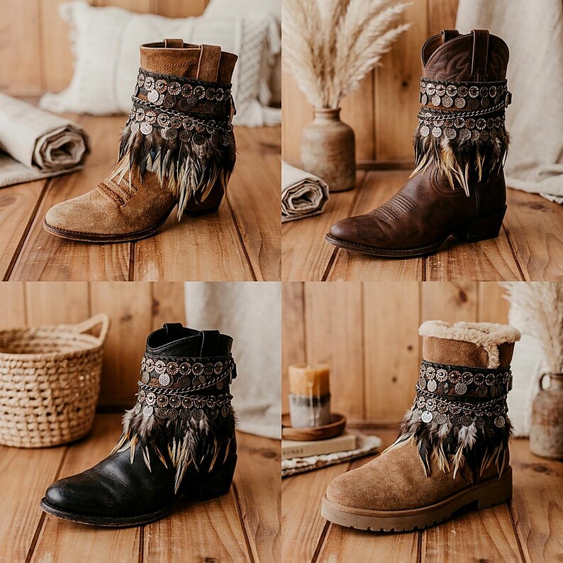 May include: Four ankle boots in tan suede, dark brown leather, black leather, and tan suede with faux fur lining. Each boot features a decorative cuff adorned with metallic coin-like charms, layered chains, and dangling feathers around the ankle.