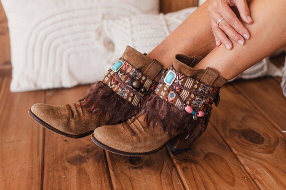 Boho Boot Covers With Brown Feather Fringe and Vintage Sari  display picture 3